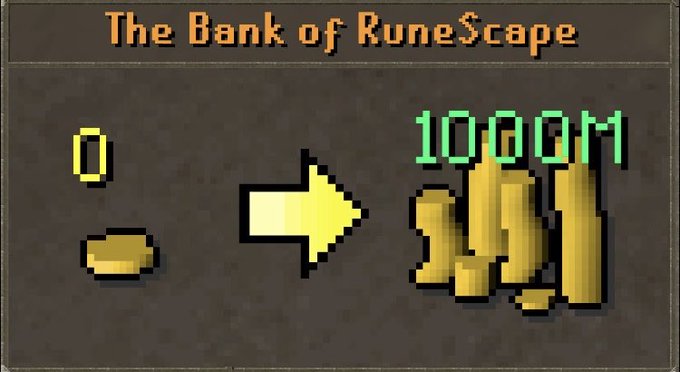 The image shows a "Bank of RuneScape" interface depicting 0 coins being exchanged for 1000M coins, with the accompanying post drawing a parallel between in-game wealth accumulation and hoping that new traders entering the market will create profitable opportunities, much like how richer opponents make a poker game more lucrative for skilled players.