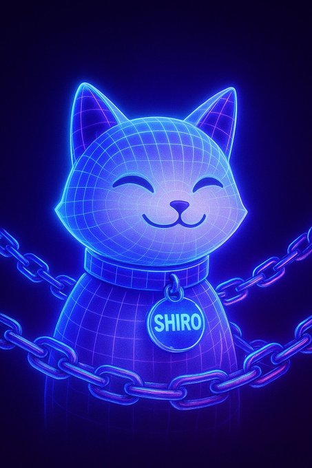 A neon blue and purple wireframe illustration of a cat with a tag reading 'SHIRO' is surrounded by glowing chains.