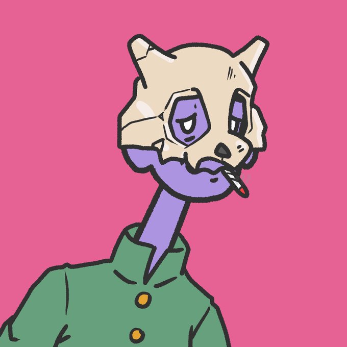A cartoon-style illustration of a skeletal dog-like character with purple markings, wearing a green button-up shirt, smoking a cigarette, and looking weary against a pink background.