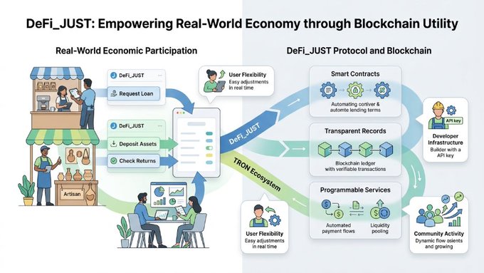 Infographic titled 'DeFi_JUST: Empowering Real-World Economy through Blockchain Utility' showing real-world economic participation on the left (loan requests, deposits, returns) connecting via DeFi_JUST and TRON Ecosystem to protocol features including Smart Contracts, Transparent Records, and Programmable Services on the right.