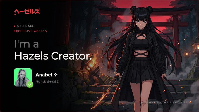 An anime-style character promotional graphic reading 'I'm a Hazels Creator' featuring an anime girl with dark hair against a shrine background, with the username 'Anabel (@anabelmtz86)'.