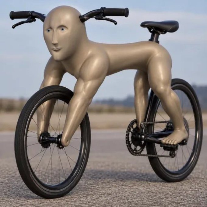 A surreal sculpture of a humanoid figure whose body forms the frame of a bicycle, with handlebars at the head and wheels where the hands and feet would be.