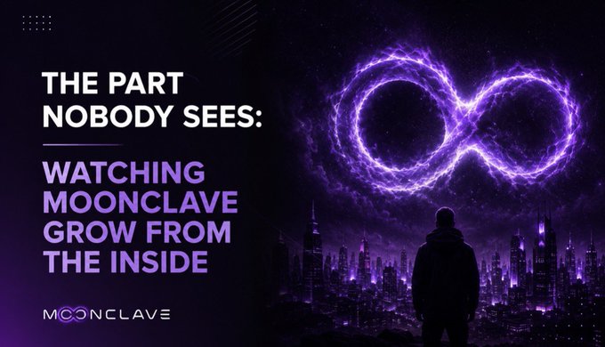 Promotional banner for Moonclave featuring a purple glowing infinity symbol over a futuristic cityscape, with text reading 'THE PART NOBODY SEES: WATCHING MOONCLAVE GROW FROM THE INSIDE' and the Moonclave logo.