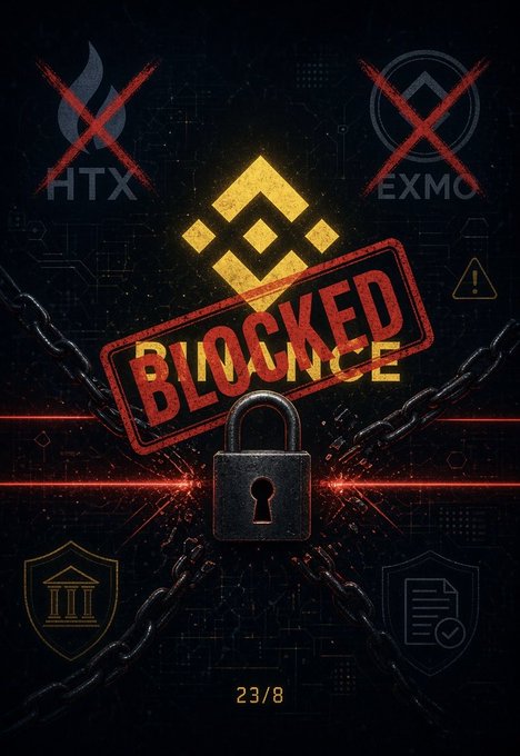 A digital graphic displays the Binance logo stamped with a red 'BLOCKED' seal over a padlock and chains, with 'HTX' and 'EXMO' logos crossed out above.
