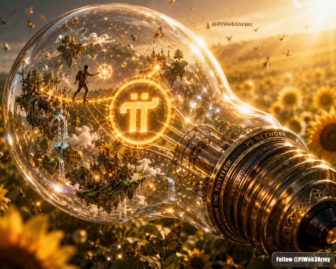 A fantasy artwork by @PiWeb3Army depicting a Pi Network-themed lightbulb containing floating islands, a figure with a magical staff, and the Pi logo, set against a field of sunflowers with butterflies.