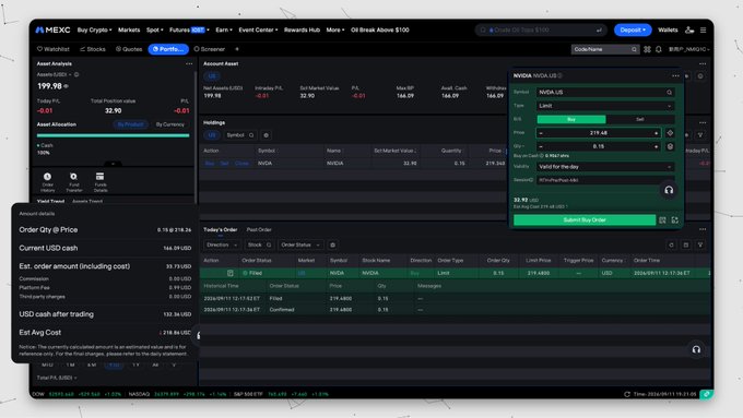 A MEXC Buy Crypto interface shows a NVDA.US order entry panel with 0.15 shares priced at 219.4800 USD, alongside an account asset holding of 0.15 NVDA (~$32.92) and a total estimated cost of 218.84 USD including commissions and trading fees, supporting the user's test purchase of NVIDIA stock through MEXC's RealStocks service.