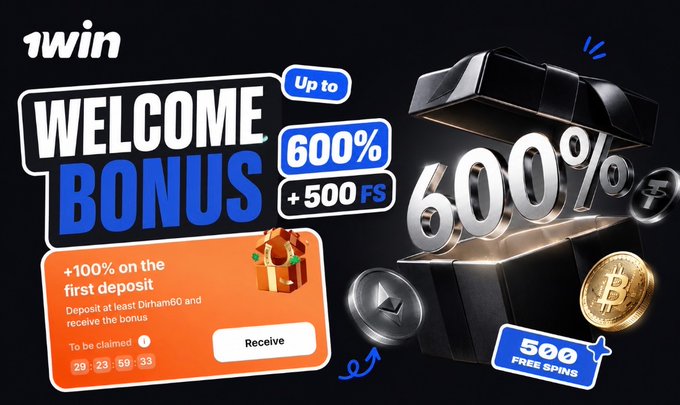 A promotional advertisement for '1win' offering a 'WELCOME BONUS Up to 600% +500 FS', showing a treasure chest with coins, gift boxes, and a +100% first deposit bonus offer for Dirham60+.