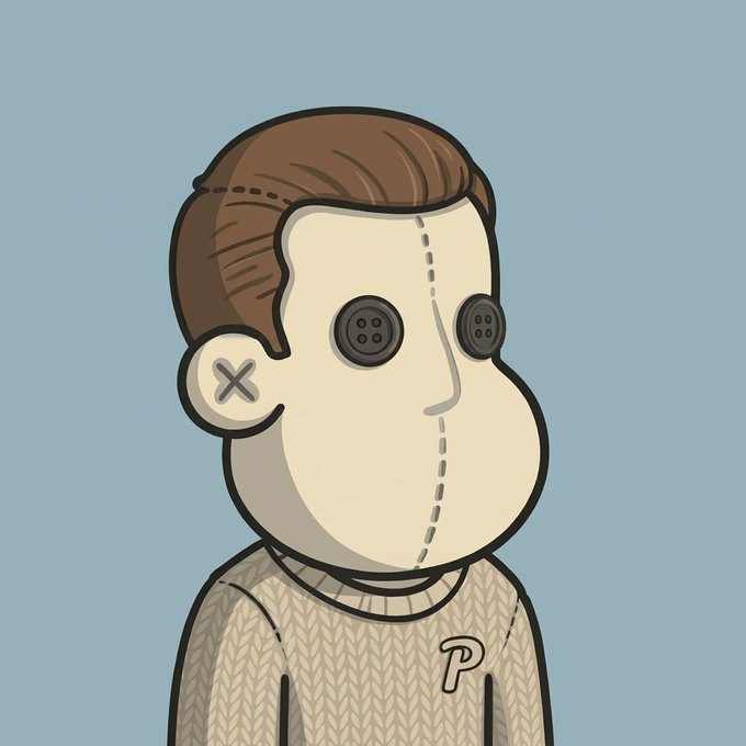 The image features a cartoon character with a large nose, wearing a sweater and a shirt with "P" written on it. The character has a face with multiple holes for eyes and a mouth with a big nose. The background of the image is blue, which contrasts nicely with the brown hair of the character. There are also some text elements in the image that read "Non Playable Puppets Free Mint on @ethereum Apply for whitelist : npponchain.xyz".