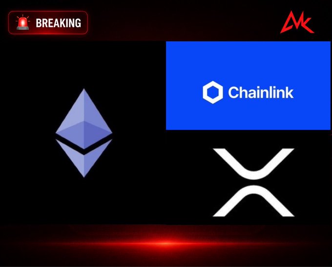 Breaking news graphic featuring logos for Ethereum, Chainlink, and XRP (Ripple) on a black background with red accents.