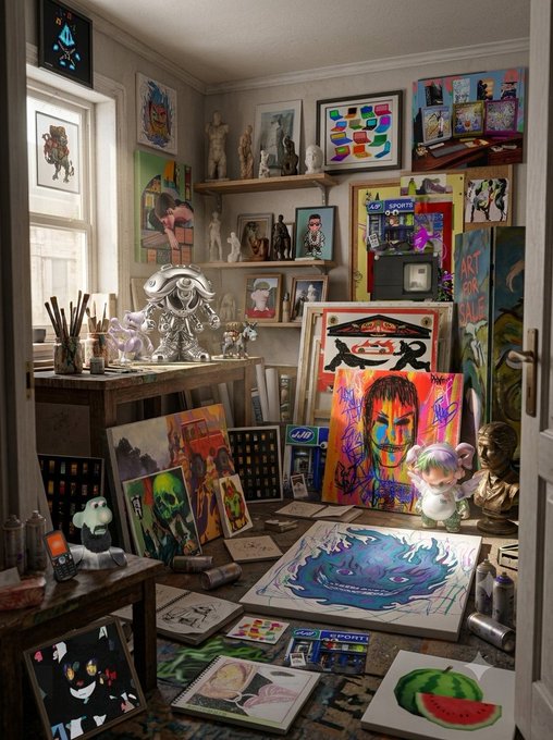An artist's studio interior filled with colorful paintings, sculptures, art supplies, and a small Snoopy figure, with works stacked against walls and on tables.