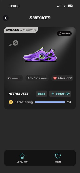 A mobile app screenshot showing a digital sneaker NFT card labeled 'SNEAKER', 'WALKER #102612842', and 'Common' with a purple and green shoe.