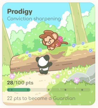 The image shows a Chimpers NFT progression screen with the text "Prodigy - Conviction sharpening," 28/100 points, and "22 pts to become a Guardian," featuring a cartoon monkey and panda on a log. It relates to the post by showing the user's progress in the Chimpers Collector Hub, where they're 22 points away from reaching the Guardian tier, reflecting their "brick by brick" patience in building their collection.
