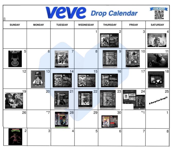 A black-and-white VeVe Drop Calendar displaying daily digital collectible releases across the month, with featured items including "The Amazing Legacy," "VeVeJam," "Captain America," "Turtles," and a "Surprise Drop" on Saturday the 25th, alongside a QR code linking to join and donation details (0xFeB4f097bE08f8cc4607f46207c9CccCe0251379) shared by the VeVe community.