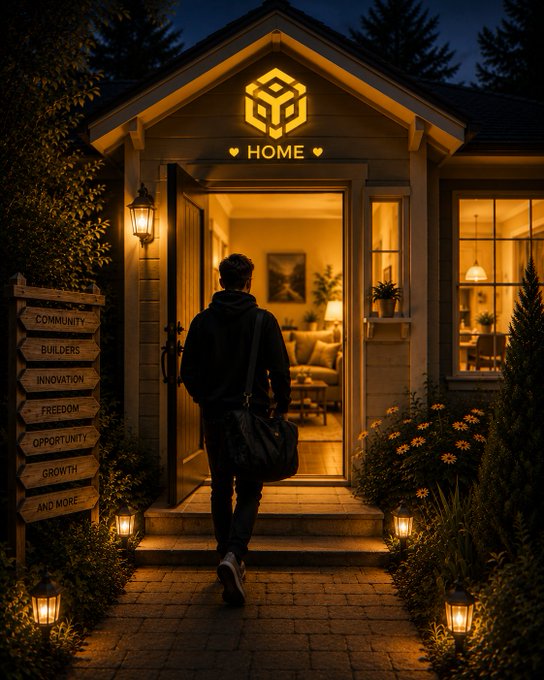 A person walks toward the warmly lit entrance of a home beneath an illuminated "HOME" sign with a BNB Chain cube logo, while a wooden signpost lists values like "COMMUNITY," "BUILDERS," "INNOVATION," "FREEDOM," "OPPORTUNITY," "GROWTH," and "AND MORE" — visually embodying BNB Chain's message as "the People's Chain," built by its community.