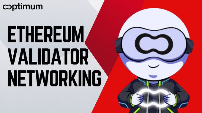 A promotional graphic featuring a cartoon astronaut mascot with "optimum" logo and the text "ETHEREUM VALIDATOR NETWORKING".