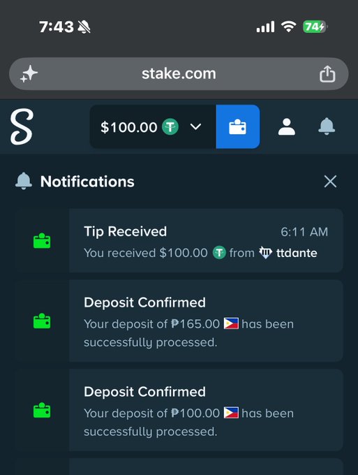 A mobile browser view of stake.com notifications showing a 'Tip Received' of $100.00 from ttdante and two 'Deposit Confirmed' notifications for ₱165.00 and ₱100.00.