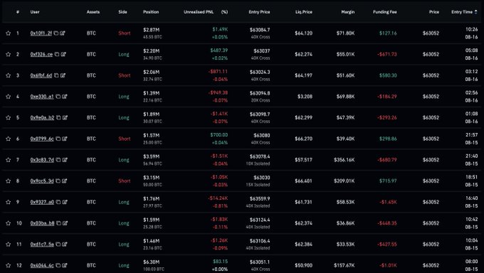 The image shows a Hyperliquid leaderboard of the largest BTC trades by margin, with the highest margin at approximately $2.87M for a Short position, supporting the post's claim that no BTC trade has reached a $1,000,000+ margin over the past 3 days.

The leaderboard displays 12 BTC positions with margins ranging from $1.44M to $2.87M, Entry Prices between $42,984 and $43,037, and a mix of Long and Short positions with PNLs ranging from -$14.24k to +$87.39k.