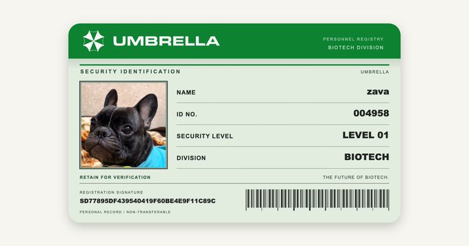 An Umbrella Corporation identification card (Personnel Registry, Biotech Division) for a French Bulldog named 'zava', ID No. 004958, Security Level 01, with the slogan 'THE FUTURE OF BIOTECH.'