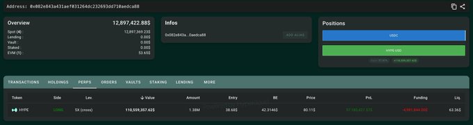 A cryptocurrency portfolio dashboard showing an overview with a total value of 12,897,422.585, including positions labeled HYPE and HYPE/USD, and a long position with an entry price of 39.485 and PNL of -7,194,867.575.
