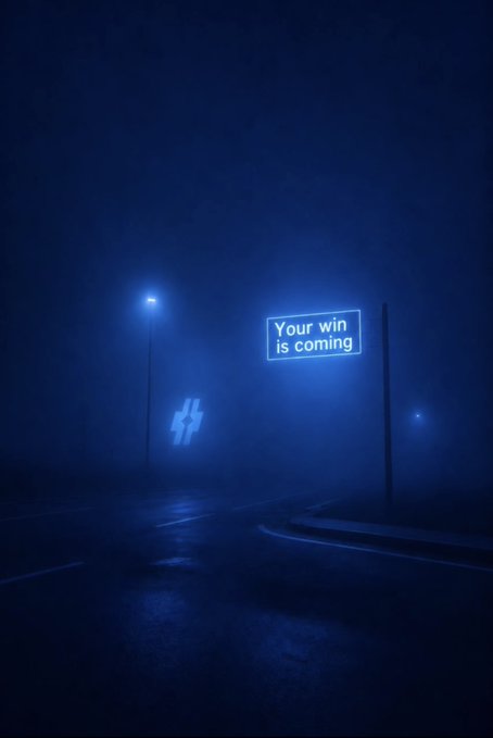 A moody, foggy nighttime street scene illuminated by a single streetlamp and a glowing blue neon sign that reads 'Your win is coming', with a Bitcoin symbol faintly visible on the road.