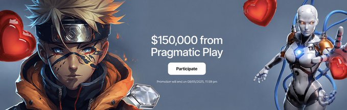 A promotional banner for a '$150,000 from Pragmatic Play' tournament, featuring anime-style characters including Naruto on the left and a robotic female figure on the right, with floating red heart icons.