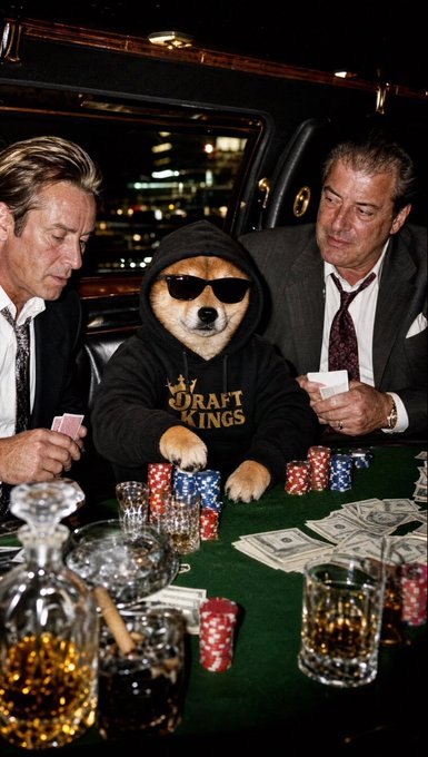 A humorous edited image of a Shiba Inu dog wearing sunglasses and a 'Draft Kings' hoodie sitting at a poker table between two men in suits.