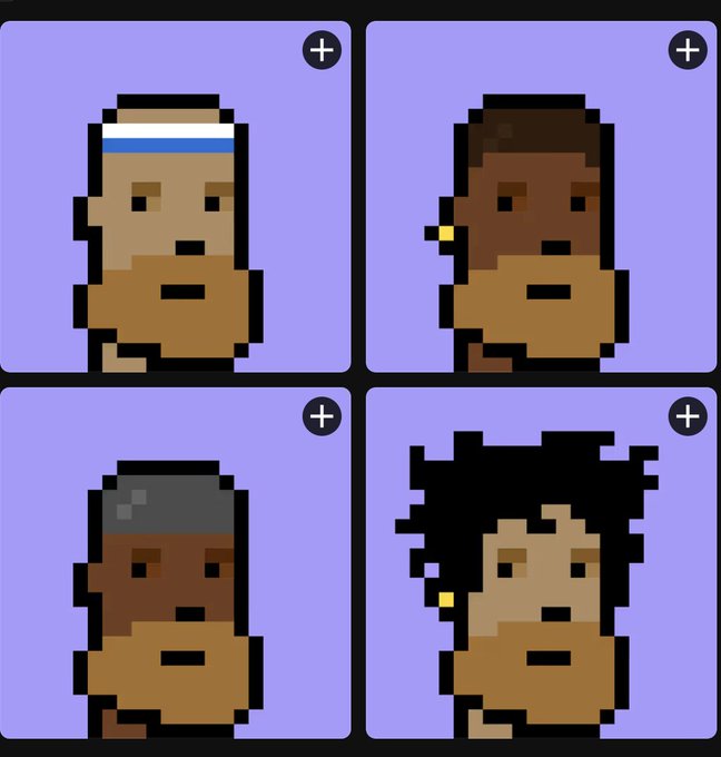 Four pixel art character portraits arranged in a grid on purple backgrounds, each showing a stylized bust with different skin tones, hairstyles, and accessories like a headband and earring, with plus icons in the corners.