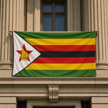 The Zimbabwean flag hangs from a building balcony, symbolizing the nation whose securities regulator has approved 7 fintech projects for its regulatory sandbox, including 4 focused on tokenization.