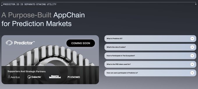 Website screenshot for 'Predictor.io' advertising 'A Purpose-Built AppChain for Prediction Markets' with a 'COMING SOON' label and a FAQ section.