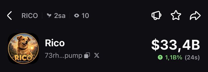 The image shows a post related to RICO cryptocurrency exchange that displays various options like buying, selling or trading cryptocurrencies such as Bitcoin, Etherium or Ripple. The main focus of the photo is the description "I bought RICO through Binance Wallet First expecting 10x, then 100x A seriously wild coin Could be the new #PEPE #DOGE Bought it, invested CA: 73rhKwAhEPfrGA7zN6QhuTJyxhtyshsChRkqSF8ipump". This image captures a specific moment in which someone purchased RICO through Binance with the expectation of receiving 10x or 100x return on their investment. The presence of the RICO symbol also indicates that this is a cryptocurrency exchange related to RICO specifically, making it possible for users to trade Cryptocurrencies like Bitcoin, Etherium or Ripple.