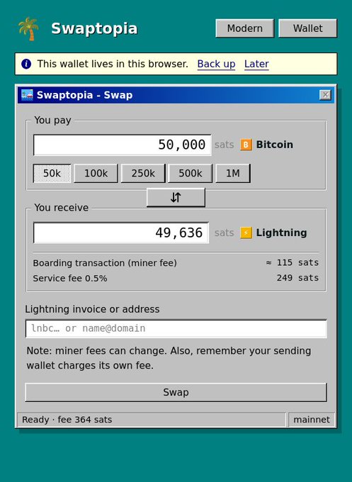 A screenshot of the Swaptopia wallet interface showing a Bitcoin to Lightning swap of 50,000 sats for 49,636 sats.