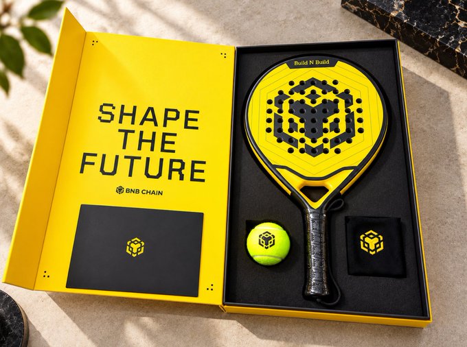 A yellow and black BNB Chain branded paddle/ball set with 'SHAPE THE FUTURE' packaging, including a yellow tennis ball and wristband.