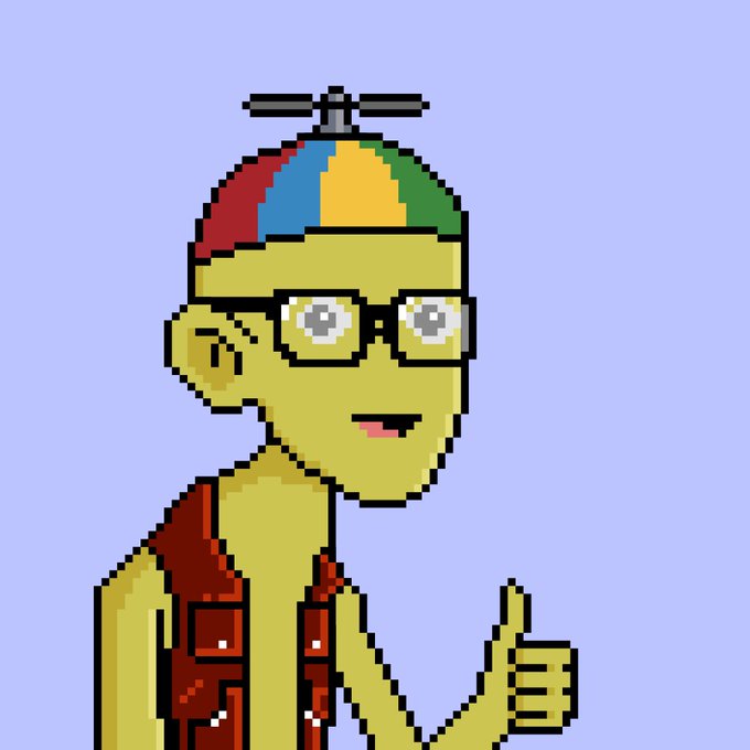 A pixel art character with yellow skin, sunglasses, a propeller beanie hat, and a red vest giving a thumbs up against a light purple background.