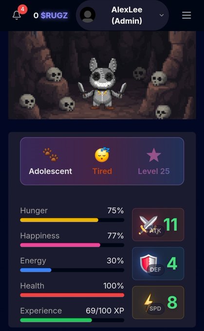 A mobile app screenshot showing a character named AlexLee (Admin) with 0 $RUGZ, displaying stats like 'Adolescent' stage, 'Tired' status, Level 25, and various attributes including Hunger (75%), Happiness (77%), Energy (30%), Health (100%), and Experience (69/100 XP) with ATK 11, DEF 4, and SPD 8.