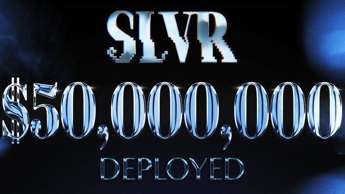 Glossy chrome-style text on a dark background reads 'SLVR $50,000,000 DEPLOYED,' likely announcing a cryptocurrency token deployment.