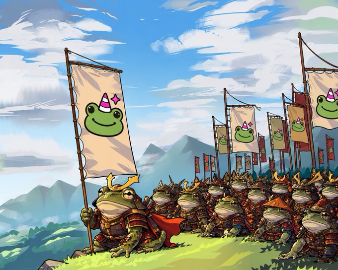 A digital illustration depicting an army of samurai frogs in armor, led by a frog holding a banner with a smiling face wearing a party hat.