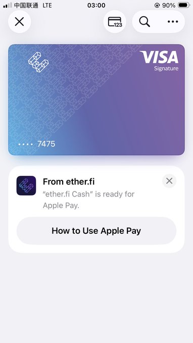 A screenshot of an iPhone showing a newly added Visa Signature card from ether.fi, ending in 7475, ready for Apple Pay, with a notification indicating "ether.fi Cash" is ready for use. The image illustrates the successful setup of an ether.fi virtual Visa card in Apple Pay, aligning with the post's narrative about the card eventually being added after persistent use.