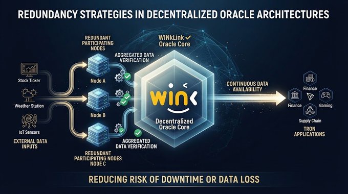 An infographic titled 'REDUNDANCY STRATEGIES IN DECENTRALIZED ORACLE ARCHITECTURES' explaining how the WINkLink Oracle Core processes external data inputs (Stock Ticker, Weather Station, IoT Sensors) through redundant participating nodes to provide continuous data availability for TRON applications.