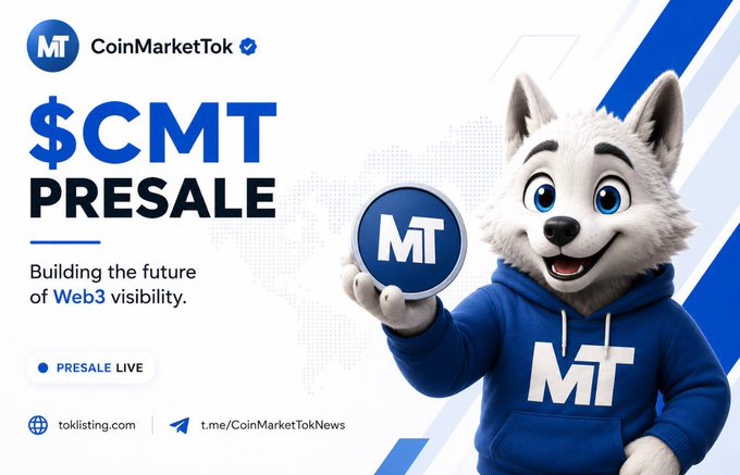 The image features a cartoon dog wearing a blue hoodie, holding up a $CMT presale sign with a blue circle and white text that reads "presale" and "building the future of Web3 visibility with @CoinMarketTok". The background is a light blue color with white stripes.