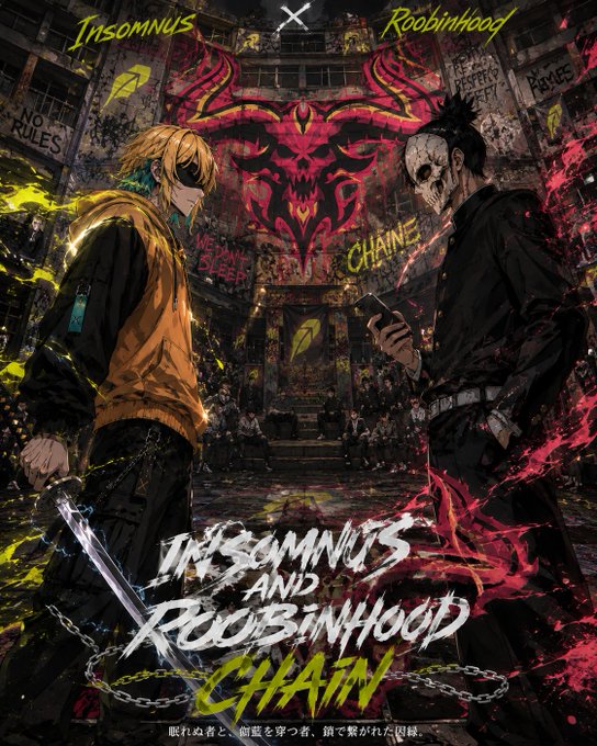 Anime-style promotional poster for the web3 game "Insomnus and Roobinhood Chain," featuring two hooded figures—a blonde in yellow and a masked figure in black—facing off before a demonic emblem, with Japanese text at the bottom reading "眠れる者と、鎖を穿ち、鎖で繋がれた凶徒" (The sleeper, the one who pierces chains, and the fiend bound by chains). The poster aligns with the post's recommendation of Insomnus as a stylized, accessible web3 game, showcasing its dark, edgy anime aesthetic and branding (with tags @insomnusxyz and @0xAvrora visible at the top).