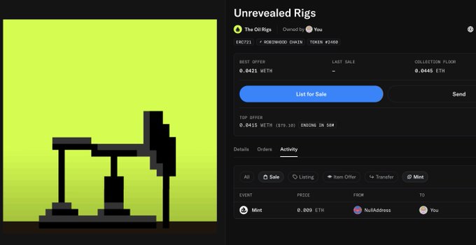 This image displays an OpenSea NFT listing page for "Unrevealed Rigs" (The Oil Rigs collection #2420) with a best offer of 0.0421 ETH and top offer of 0.0415 ETH ($79.10), showing that a "Mint" event occurred where NullAddress transferred the NFT to "You," directly illustrating the post's point that accepting the offer was the right move amid the FUD.