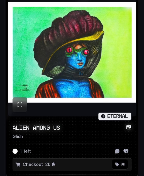 A digital art listing titled "ALIEN AMONG US" by artist Gilish, showing a colorful illustration of a blue-skinned alien wearing a yellow hat, available for 2k with 1 left in stock and tagged ETERNAL.