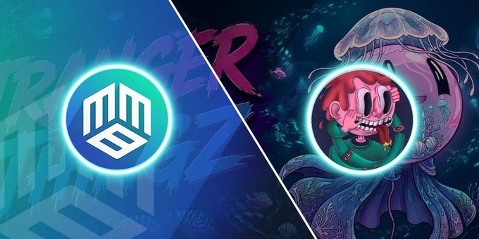 A promotional graphic split diagonally, showing a white geometric logo on a cyan background on the left and a cartoon character with a red face smoking next to a jellyfish on a dark underwater background on the right.
