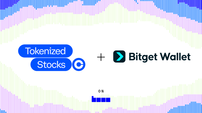 The image shows a promotional graphic featuring the "Tokenized Stocks" logo alongside the "Bitget Wallet" logo, separated by a plus sign, with a decorative border of blue, purple, and green pixelated bars. Below the logos is text reading "ON Base," indicating the partnership between Coinbase's Tokenized Stocks platform on the Base network and Bitget Wallet as one of the earliest supporting wallets.