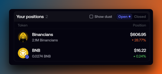 A cryptocurrency portfolio widget titled 'Your positions' showing 2 open positions: Binancians (2.1M tokens at $606.95, down 28.77%) and BNB (0.0274 BNB at $16.22, up 0.24%).