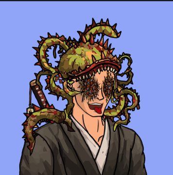 A creepy illustration of a person whose head has transformed into a tangled mass of green thorny vines and tendrils against a blue background.