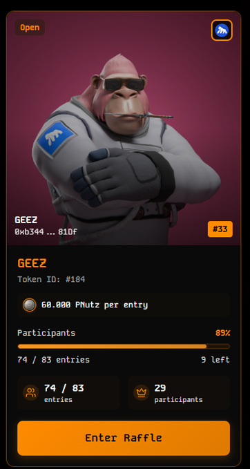 A mobile-style raffle screen shows a cartoon ape labeled “GEEZ,” token ID “#104,” “60.000 $Nutz per entry,” 74/83 entries, 29 participants, 9 left, and an orange “Enter Raffle” button.