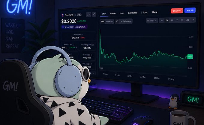 The image shows a cartoon character sitting at a desk, focused on analyzing charts displayed on a computer monitor. The cartoon character appears to be dressed in clothing similar to that of a penguin. Surrounding this scene are various objects such as a cup, a keyboard, and a mouse. A post with several bullet points is visible next to the computer screen, providing additional context for the content being viewed. In the background, there's a neon sign reading "GMD!" which might be related to a cryptocurrency or financial market.