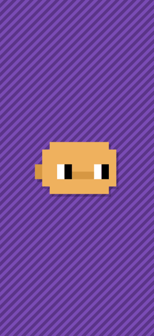 A simple pixel-art graphic of a brown, smiling rectangular object with white eyes on a diagonally striped purple background.