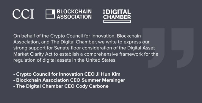 A navy blue statement card featuring logos for CCI, Blockchain Association, and The Digital Chamber, expressing support for Senate consideration of the Digital Asset Market Clarity Act, signed by CEOs Ji Hun Kim, Summer Mersinger, and Cody Carbone.